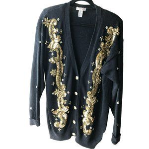 Vintage Lindsey Blake Sequined Cotton Black & Gold Sweater Sz M